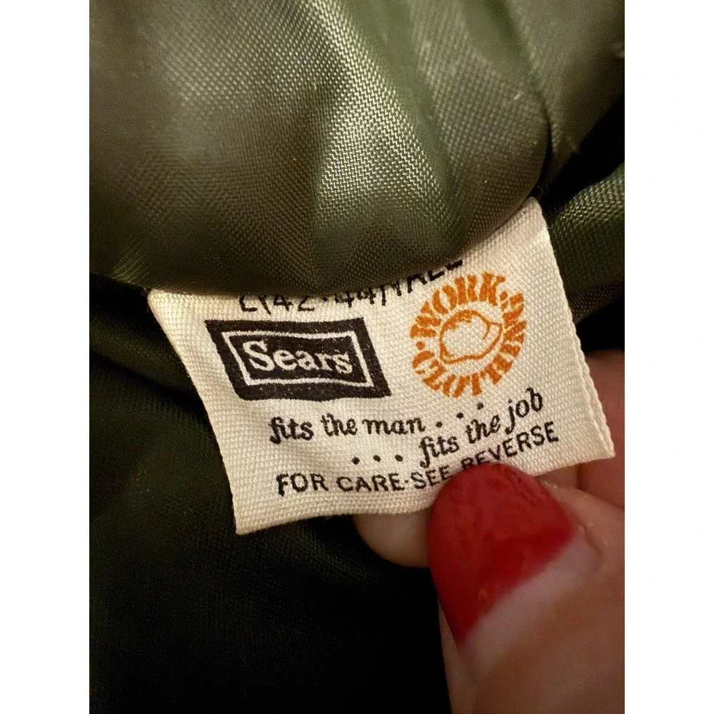 Vintage 70s Sears Coat Mens LT Green Nylon Puffer Work Insulated Workwear Hood